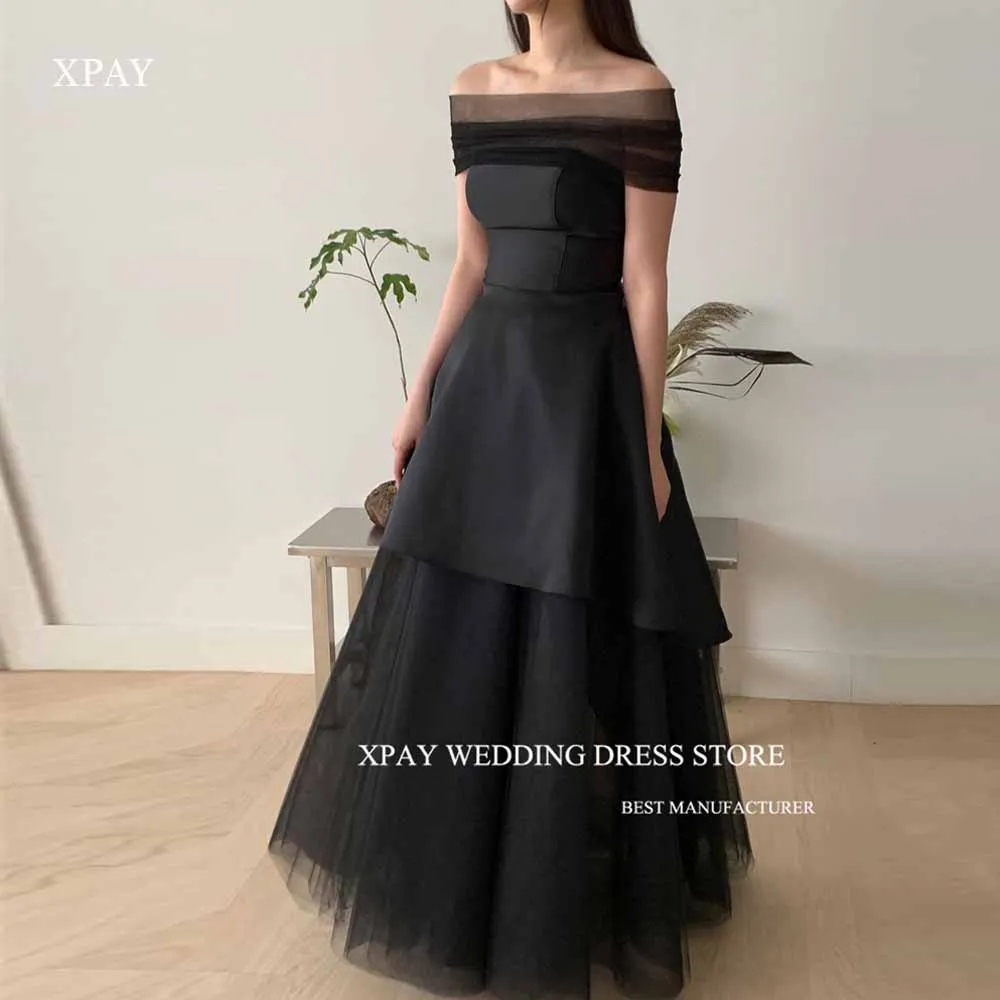 XPAY Simple Black A Line Evening Dresses For Wedding Photo shoot With Bolero Detachable ShortSkirt Customised Formal Party Gowns