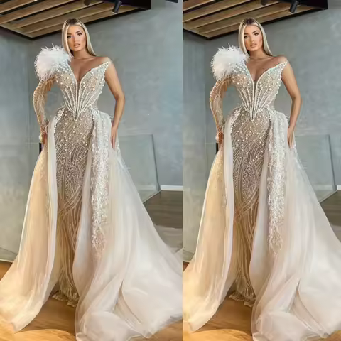 Luxury Strapless Pearls Evening Dresses Elegant One Shoulder Feathers Prom Dress Detachable Train Party Gown Customized