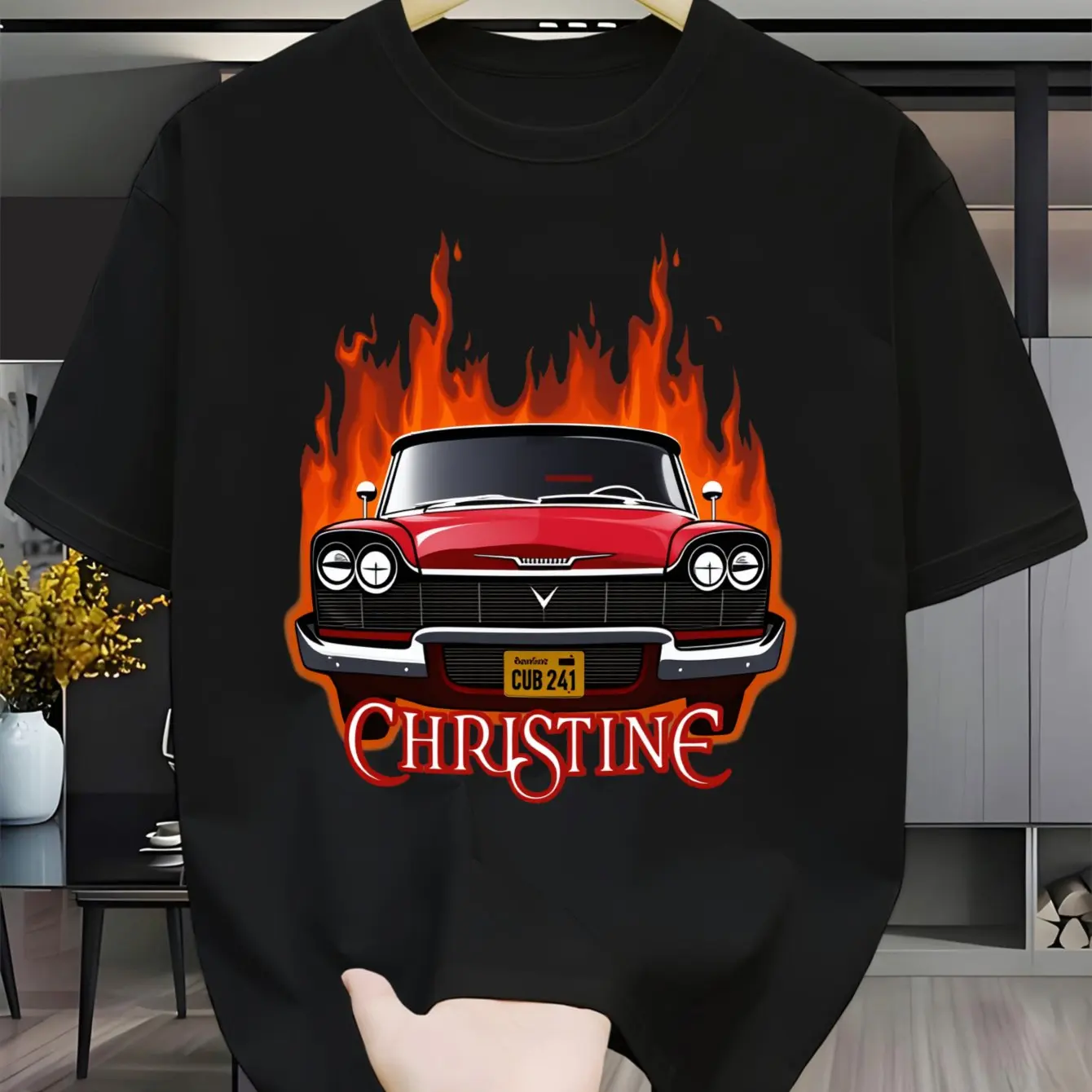 Selected Local Classic Vintage Car Pattern T-Shirt with Black Flame Design Featuring The CHRSTINE License Plate and Bold Font