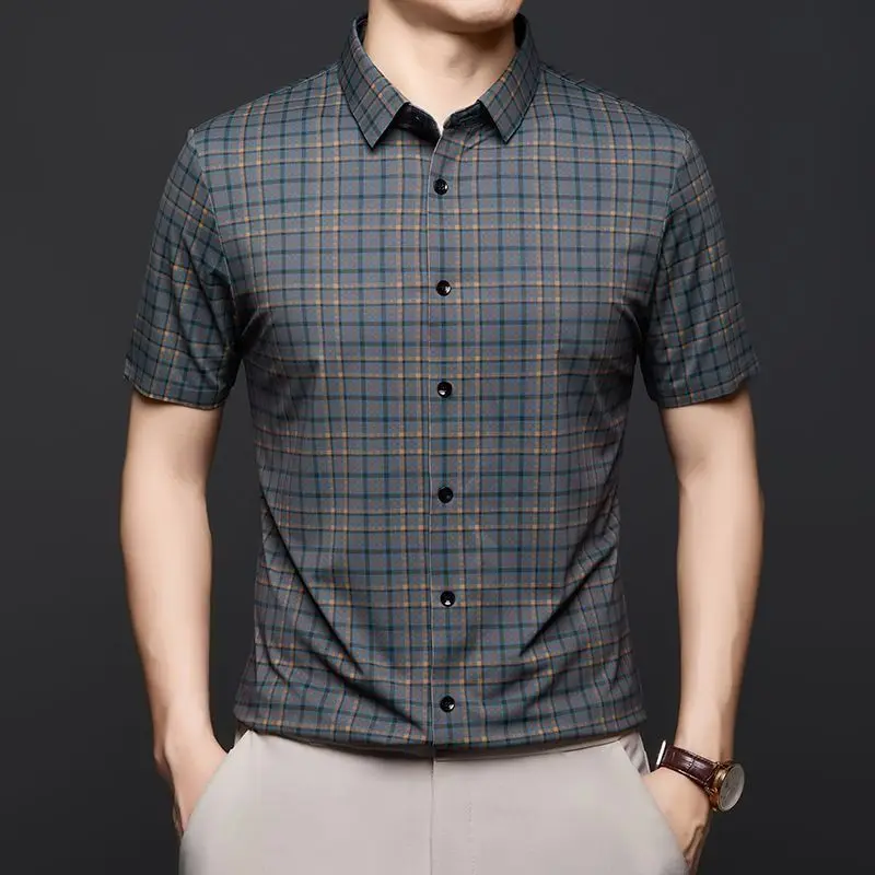 GELITAYIN Men's Blue Plaid Button Shirts Lapel Wrinkle Resistance No Ironing Ice Silk Short-sleeved Print Casual Seamless Busine