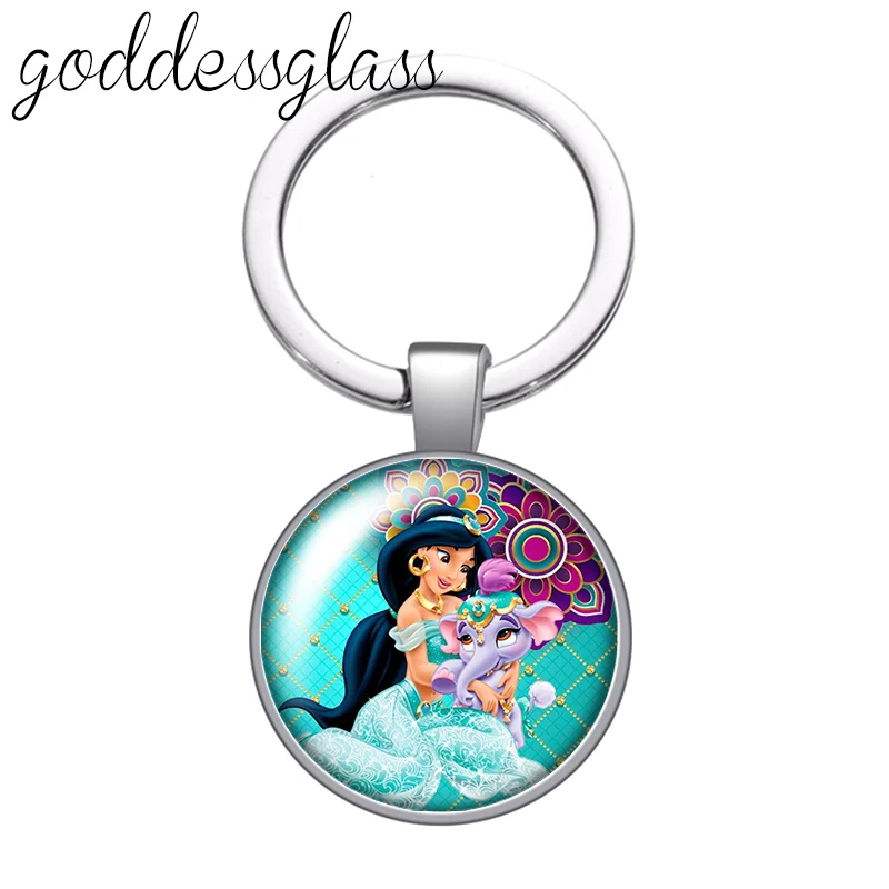 Disney Princess Jasmine Aladdin Lamp Photo glass cabochon keychain Bag Car key chain Ring Holder Charms keychains gift