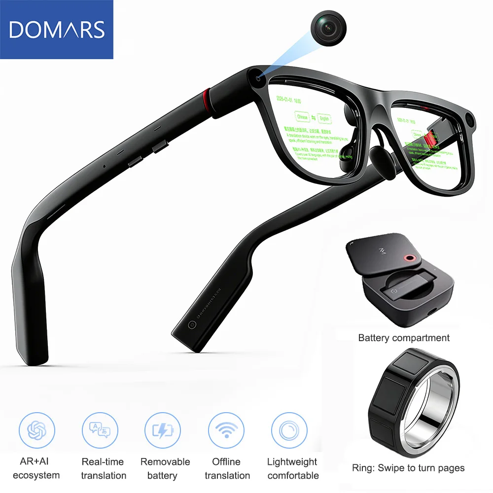 Domars AR Smart Glasses with Display Screen Built-in HD Camera Ring Control AI HUD Privacy Teleprompter Glasses 268-Language