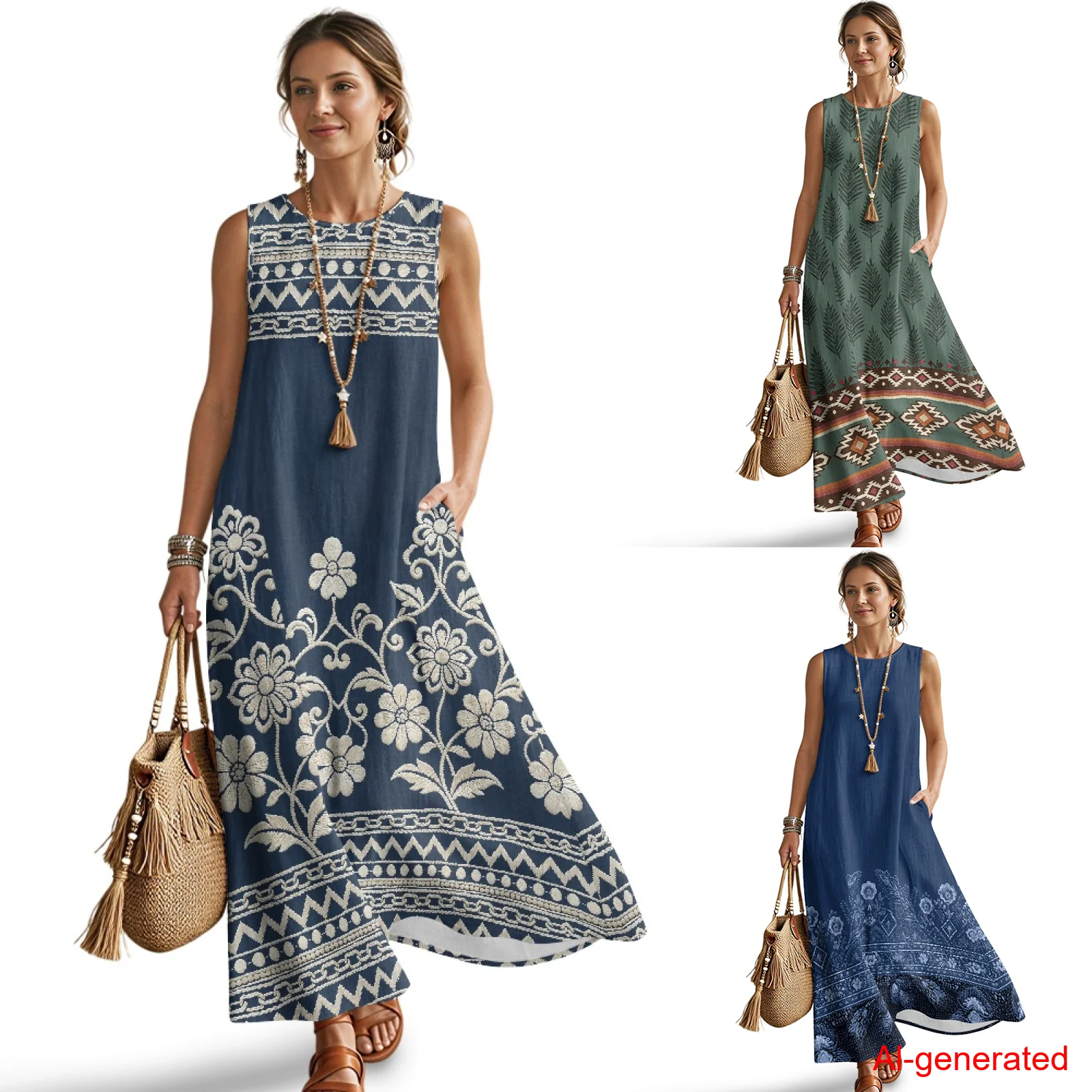 

INSTANTARTS Imitation Linen Loose Vest Long Skirt Floral Stripes Womens Loose Dress Sleeveless Holiday Casual Maxi Linen Clothes