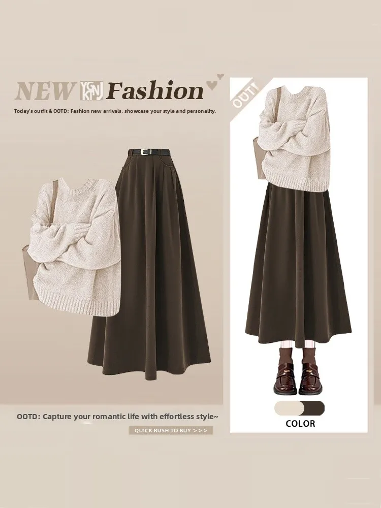 

Retro Oversized round Ne Sweater High Waist Skirt Set Ele Sle Winter Faion Women's Two-Piece Ensemble