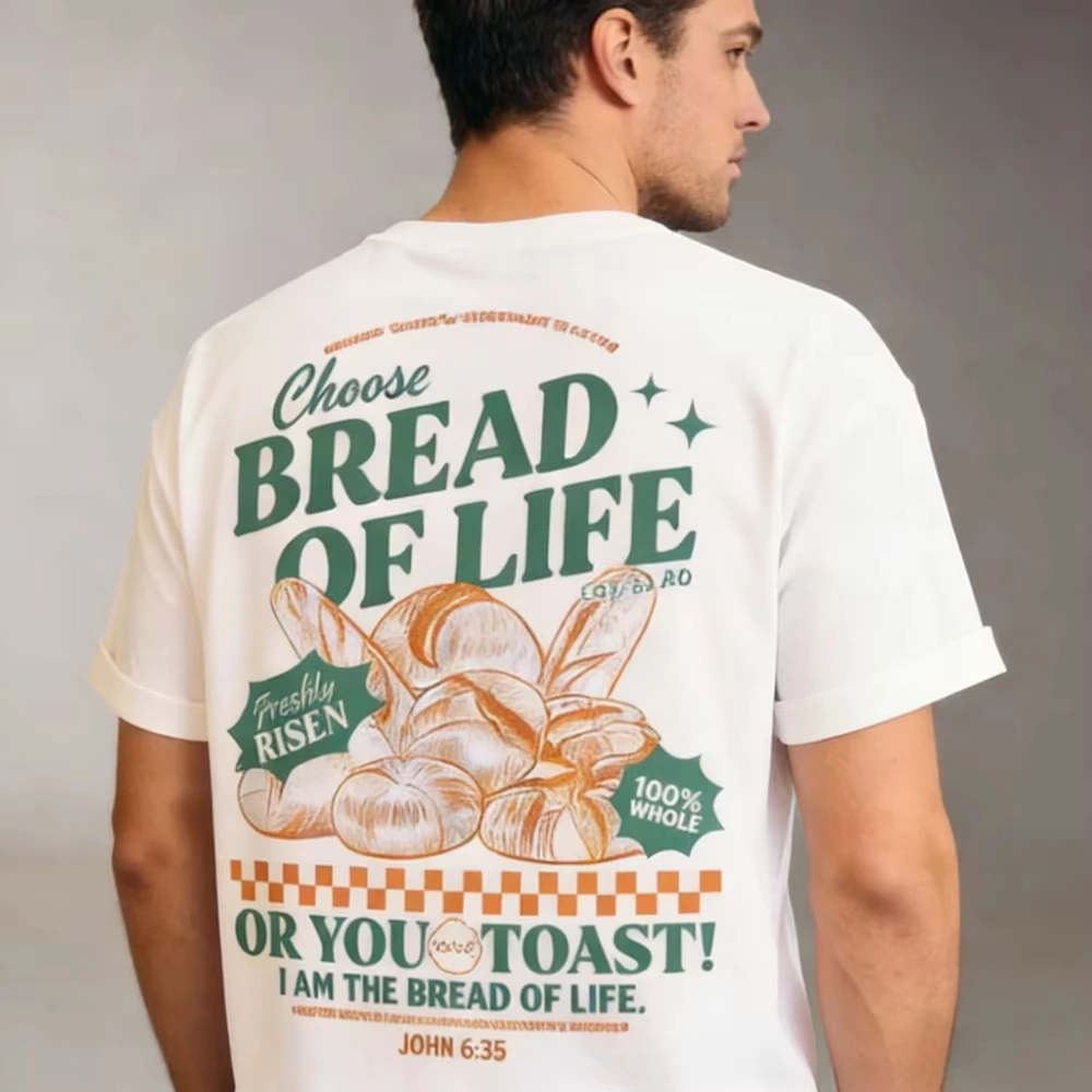 2026 Bread of Life Funny Christian T-Shirt Bible Verse Inspirational Graphic Tee Loose Retro Jesus Faith Tee Men Women Clothing