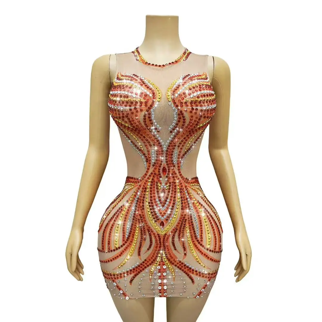 Women Sparkly Rhinestones Mesh Mini Dress Transparent Sleeveless Bodycon Evening Club Party Short Dress Sexy Cocktail Stage Wear view 2