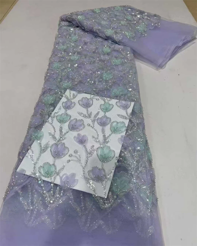 

African Lace Fabric Embroidered with Sequins And Beads Tulle Mesh for Nigerian Wedding Dress Material Beads Included