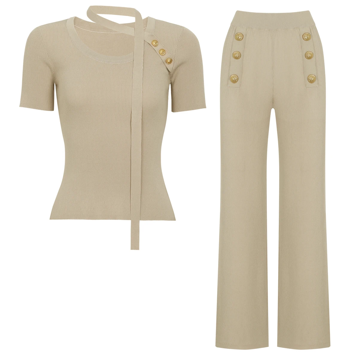 26138 Elegant Commuter Women Two Piece Outfit Knitted Short Sleeve Top With Ribbon Design Pants Summer New Style