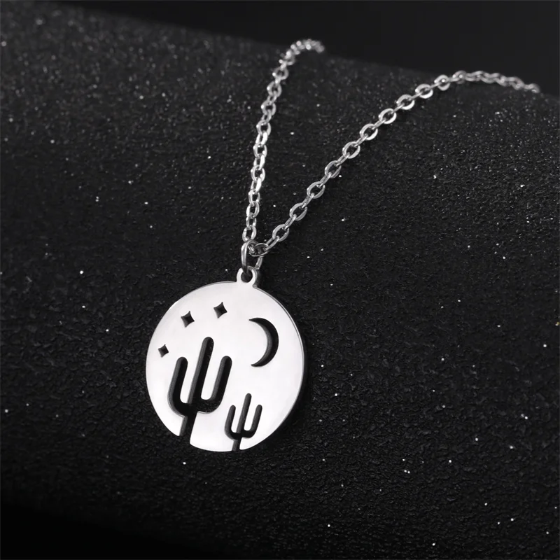 Klassische Goldfarbe Edelstahl Halskette für Frauen Kette Halsreif Mond Kaktus Anhänger Halskette Schmuck Geburtstags geschenk Großhandel – Detail 10