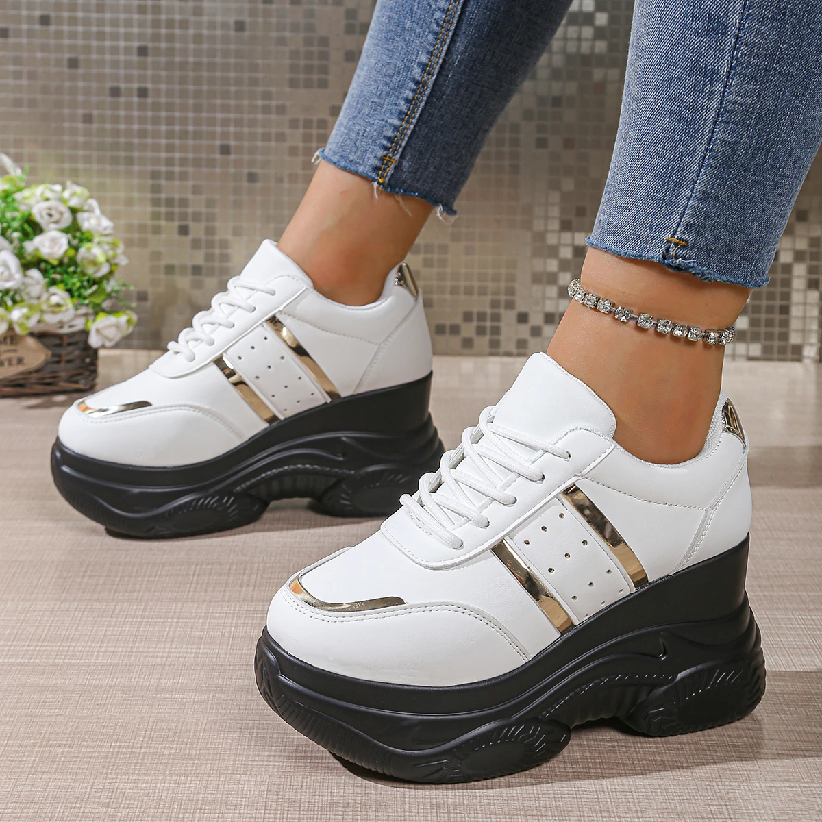 

Women's Sneakers Spring Autumn Wedge Casual Shoes PU Leather Lace Up 2026 Womes Anti-slip Vulcanized New Outdoor Sneakers