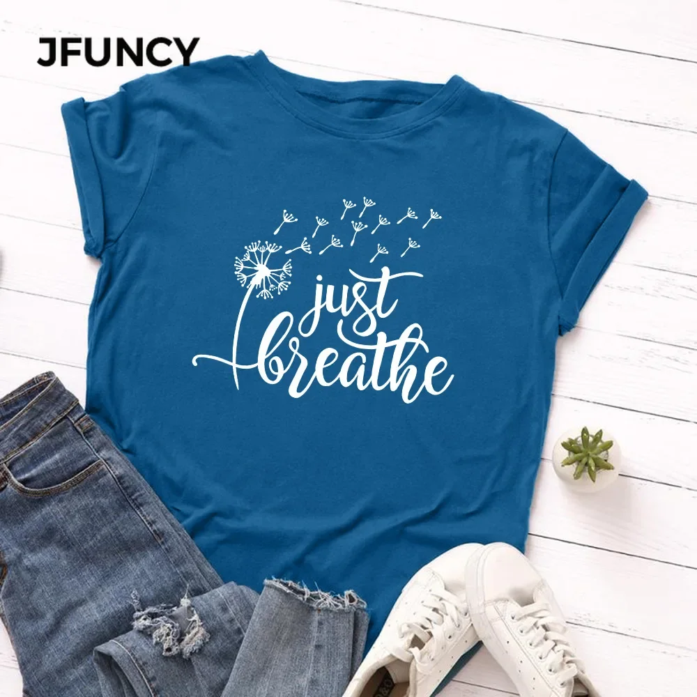 JFUNCY 100% Cotton Summer Tshirt Just Breathe Dandelion Print Women\'s T-Shirt Short Sleeve Female Tee Tops Women T Shirt