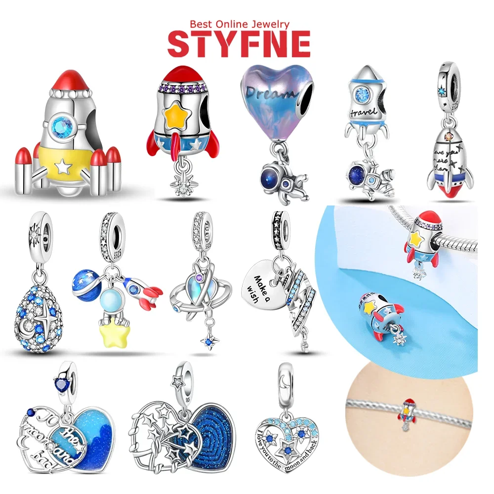 

Charms 925 Sterling Silver Rocket Astronaut Heart-shaped Beads Pendants for Original Bracelet DIY Jewelry Gift Making