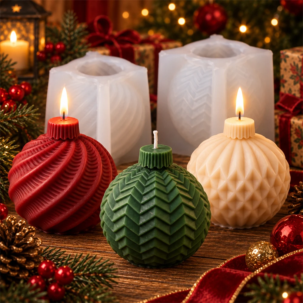 3D Geometric Christmas Ball Candle Mold DIY Diamond Xmas Sphere Ornament Silicone Mold for Candle Making Holiday Decor Gifts