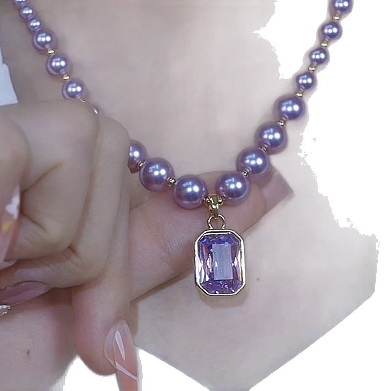 Luxurious Purple Pearl Zircon Crystal Necklace Simple Elegant Fashion French Style Sweater Versatile Light Luxury Clavicle Lockb
