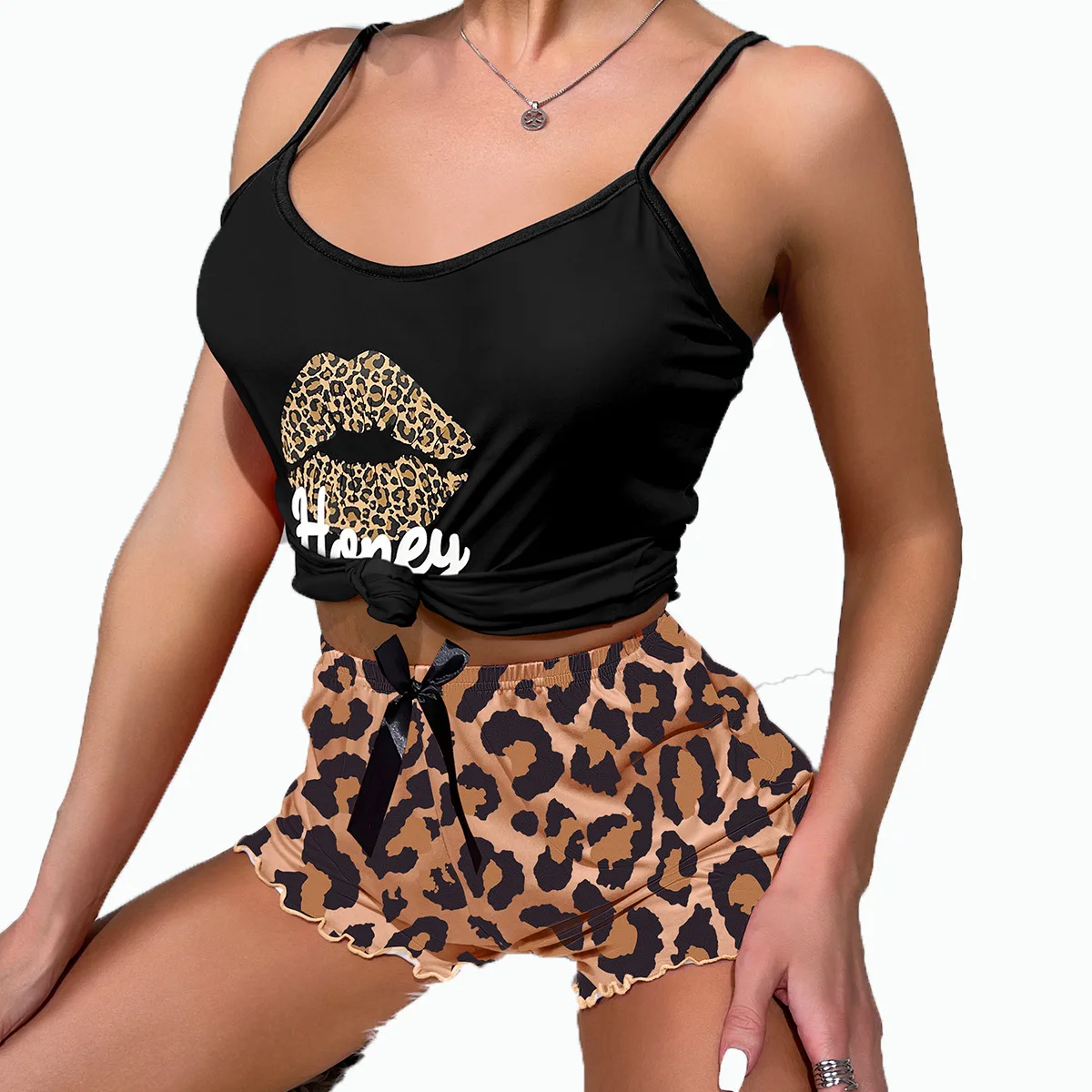 Duas peças pijamas femininos esporte suspender shorts senhoras preto moda leopardo impressão mel respirável casual loungewear