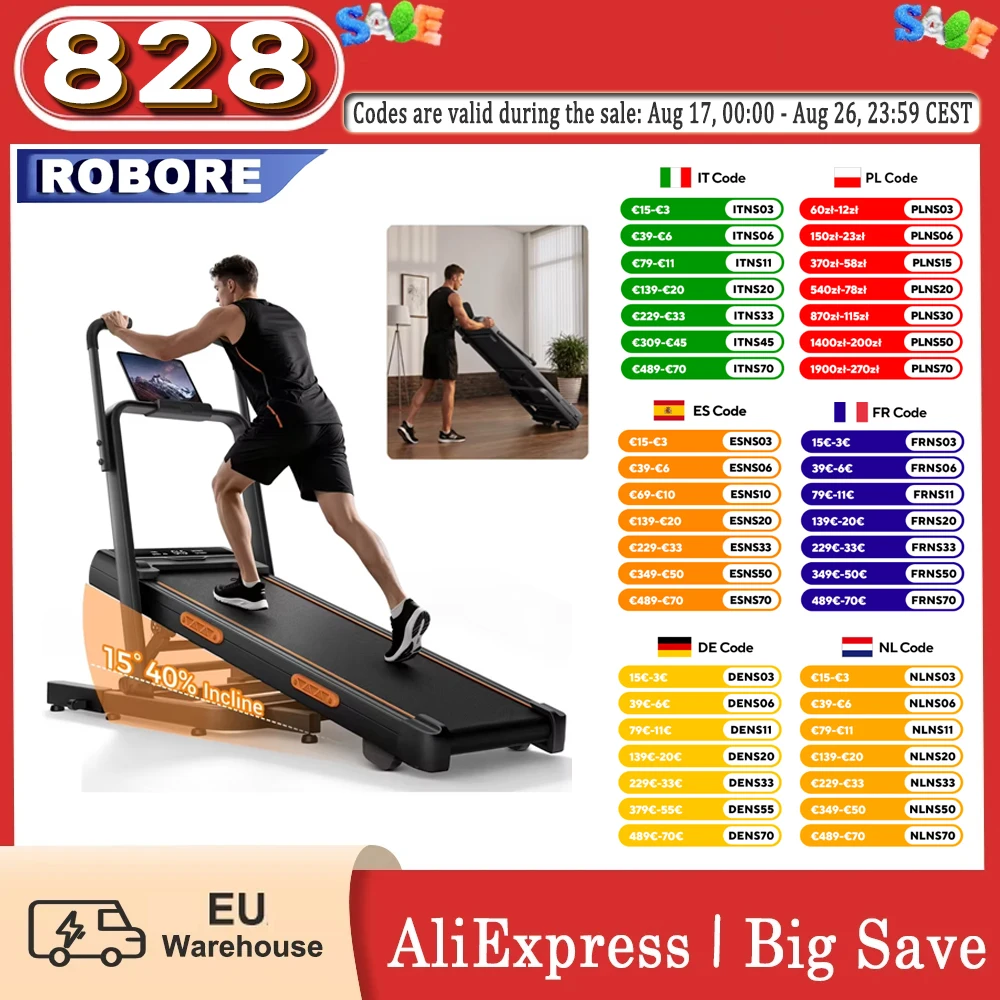 Tapis de marche ROBORE X5FD avec inclinaison réelle de 0 à 40 %, accoudoirs extensibles, design pliable de 15,5 cm, silencieux (moins de 45 dB), vitesse de 1 à 12 km/h, capacité de 159 kg, pour la maison et le bureau