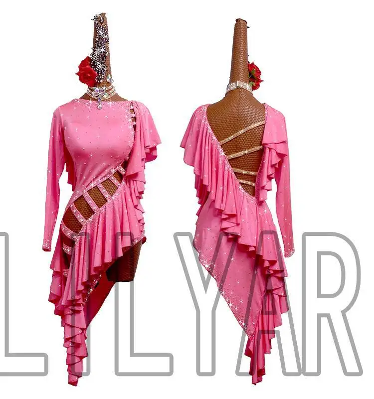 Robe de concours de danse latine, ceinture Cha, robe de spectacle pour enfants et adultes, rose, Style pompon creux pour femmes, nouvelle collection