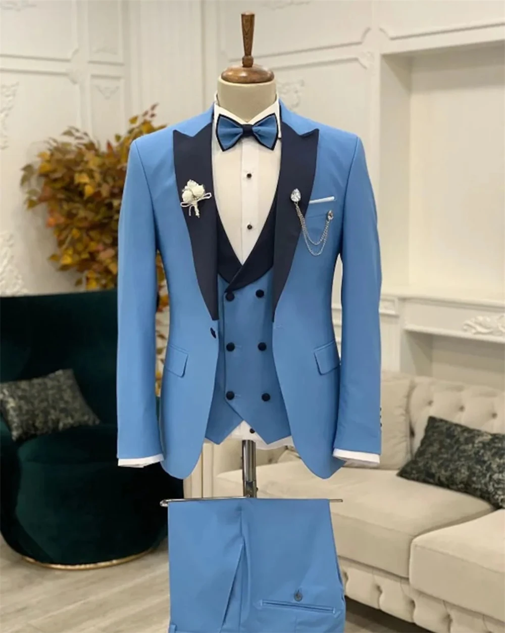 

Мужской костюм небесно-голубого цвета, 3 предмета, приталенный крой, дизайнерский комплект для свадьбы, ужина или вечеринки (пиджак+жилет+брюки)