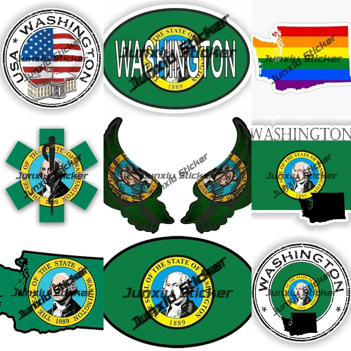 

USA Washington United States Seal Round LGBT Flag Map Sticker Washington Star of Life Country Code Oval Sticker with Flag Decal