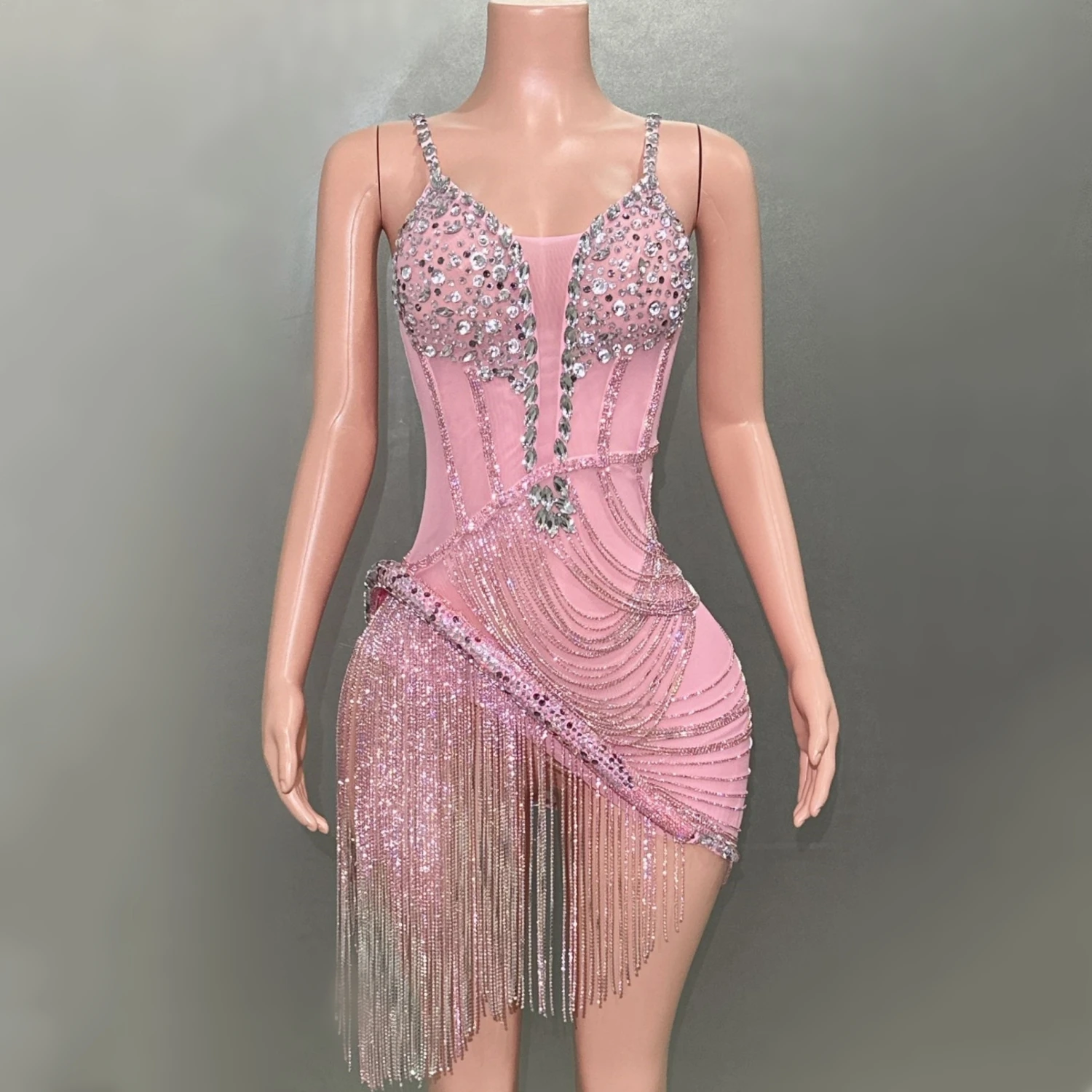 Sparkling Rhinestone Tassels Pink Sheath Sling Mini Dress Birthday Celebrate Evening Party Dress Nightclub Bar Singer Stage Wear