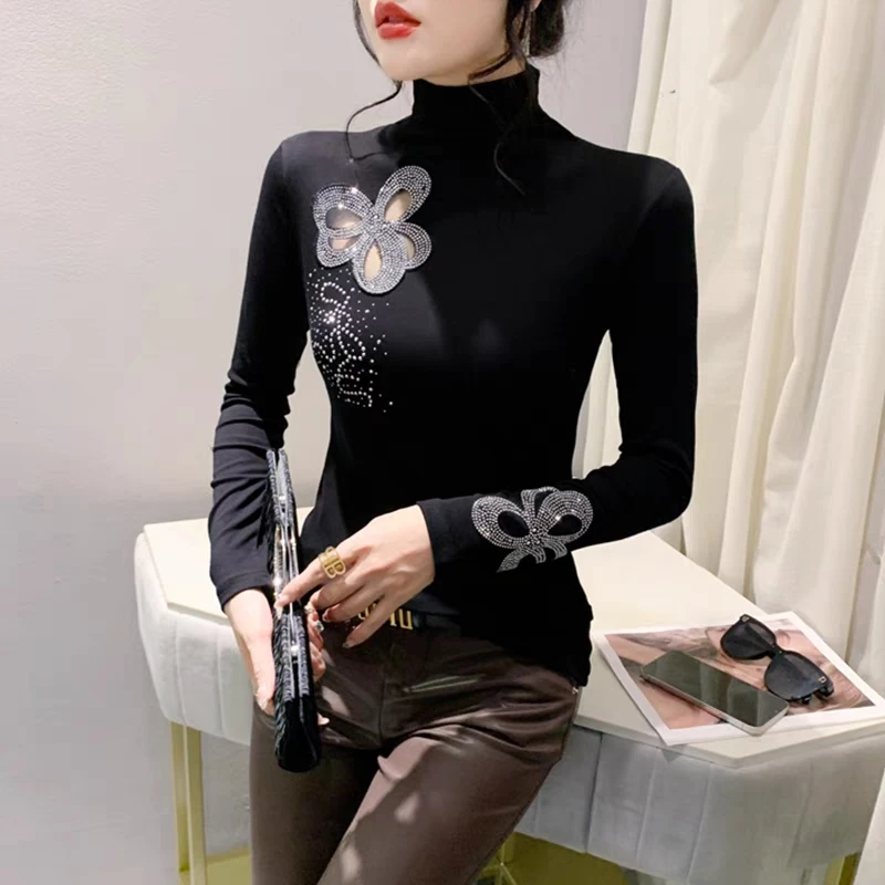 New Arrivals Spring Fashion Turtleneck Hollow Hot Diamonds Women\'s T-Shirt Cotton Tops Classic Long Sleeve Slim Bottoming Tees