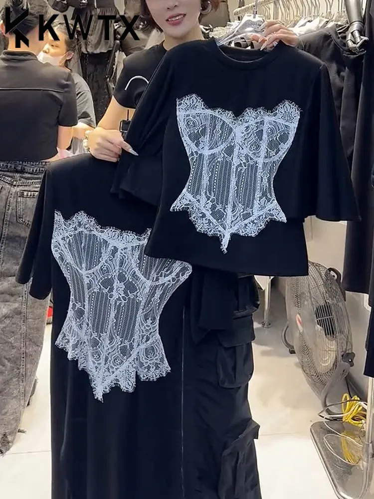 

Новое женское платье-футболка KT 2026 с кружевными вставками и корсетом, с высоким воротом, коротким рукавом, боковым разрезом, макси-платье, повседневное, черное
