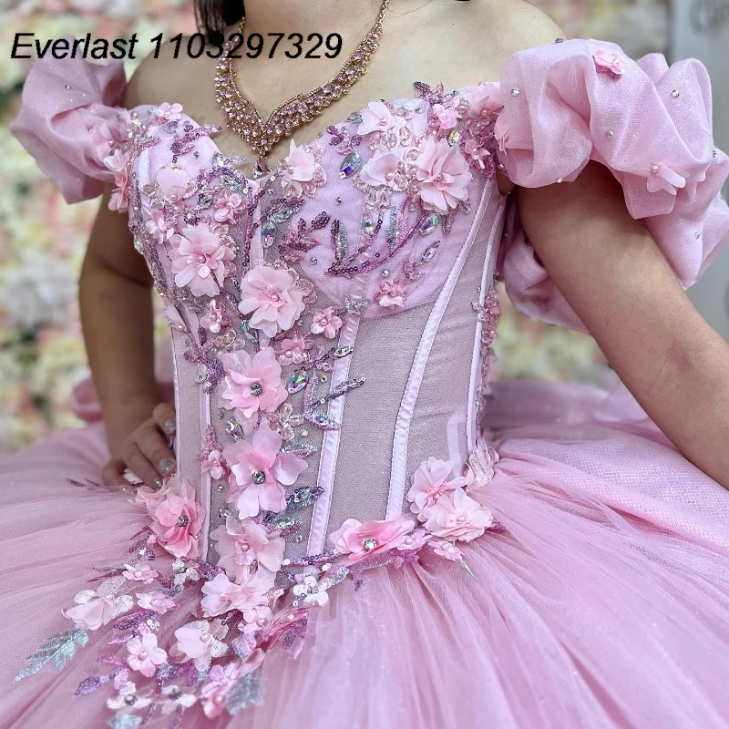 EVLAST abito Quinceanera rosa chiaro abito da ballo fiori 3D Applique perline con corsetto a strati dolce 16 Vestido De 15 Anos TQD496