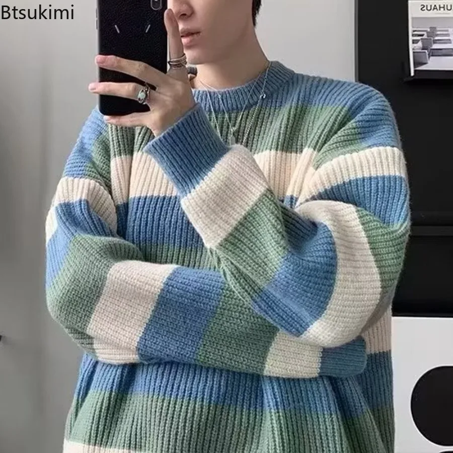 Maglione lavorato a maglia Colorblock a righe da uomo Autunno Inverno Spessore allentato caldo O-Collo Manica lunga Pullover morbido Pullover elastico Maschile