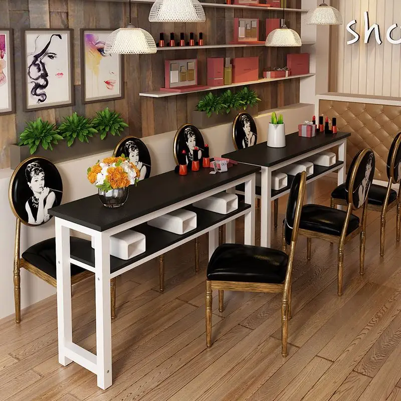 rr-Simple Double Marble Manicure Table and Chair Set Single and Double Golden Iron Nail Table Modern Double Deck Nail Salon#
