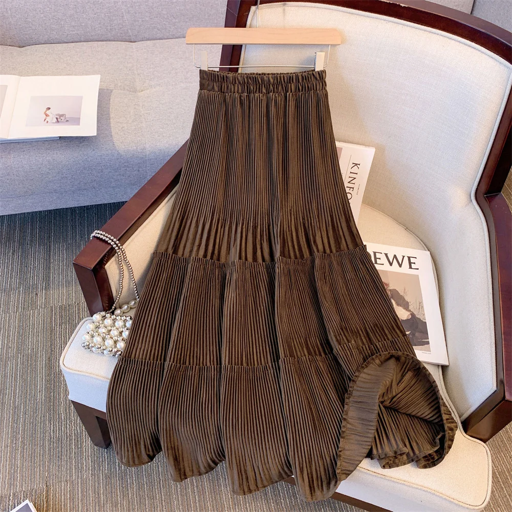 

Осень-зима, однотонная винтажная бархатная юбка трапециевидной формы с эластичной резинкой на талии, женская уличная повседневная плиссированная элегантная универсальная одежда