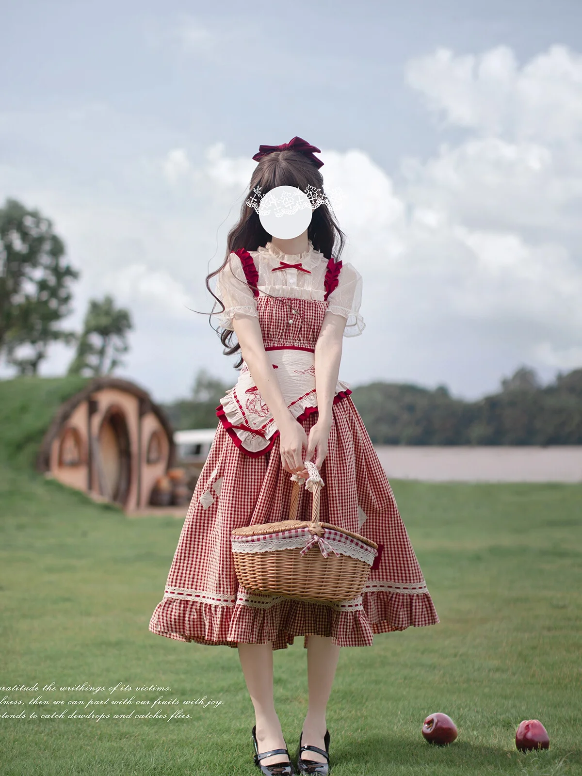 Sweet And Energetic Red Checkered Vest Skirt With Dotted Bubble Sleeves Shirt Sleeveless Lolita Kawaii Girl Tea Party Princess