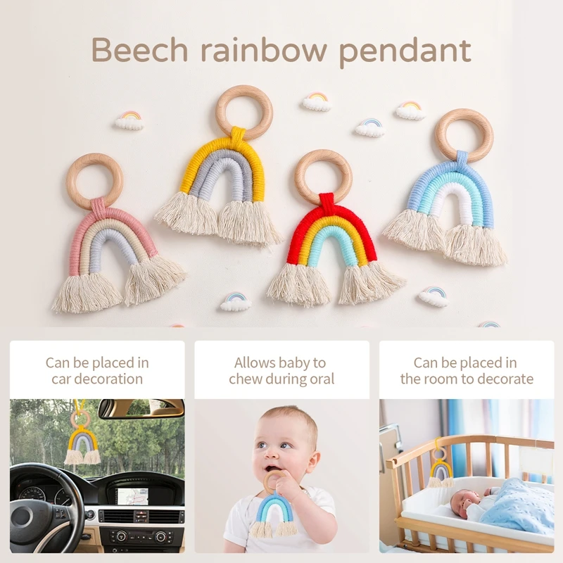 Let's Make 1pc Baby Wooden Toy Handmade Woven Cotton Rope Rainbow Stroller Pendant Teething Nursing 0-12 Months Baby Rattle Toy