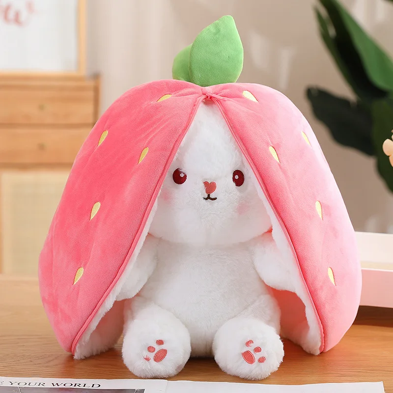 Creative Funny Doll Kawaii Fruit Carrot Rabbit Plush Toy Stuffed Soft Bunny Hiding Strawberry Toys for Kids Girls Birthday Gifts