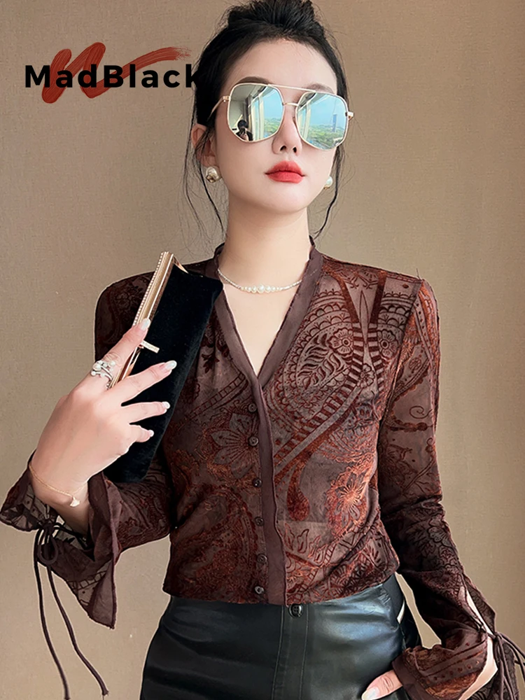 MadBlack-Women European Flocking T-Shirt, Sexy V Neck Jacquard, Vintage Flare Sleeve Slim S-3XL Knit Tee, 2026 Autumn T6O306CC