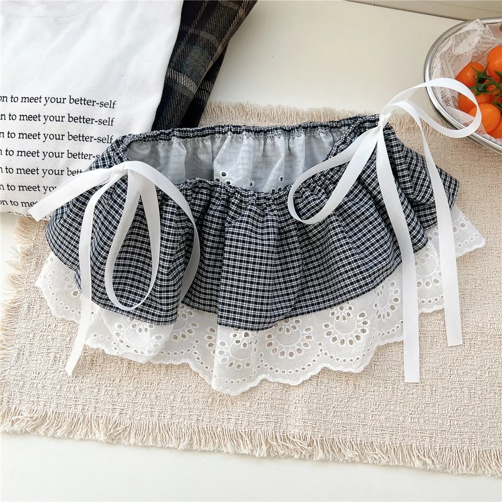 

Sweet Balletcore Plaid Fart Curtain Lace Up Korean Style Ruffle Short Skirts Layered Embroidery Butt Curtain Women