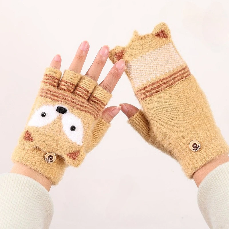 Cartoon-Tier-Handschuhe für Kinder, Flip-Design, Halbfinger-Handschuhe, Fünf-Finger-Winter-Wärmehandschuhe, gestrickt, für 7-9-jährige Jungen und Mädchen, Geschenkidee – Detail 3