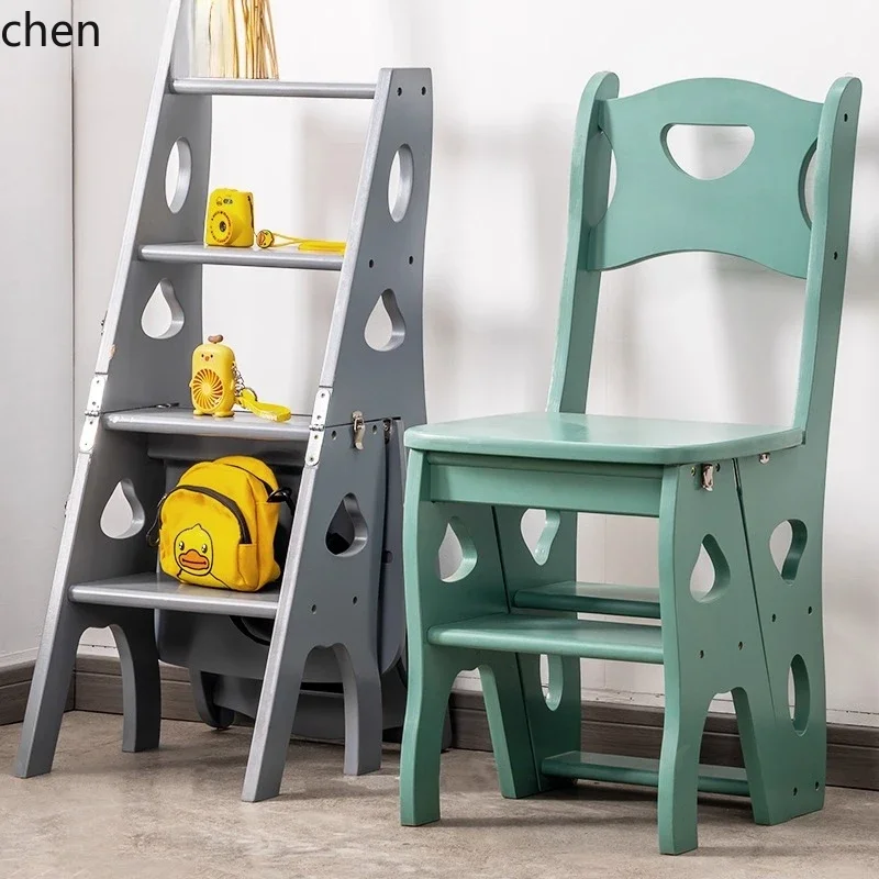 Solid Wood Household Folding Ladder Chair Dual-use Four-step Multi-functional Climbing Stair Stool Transformable