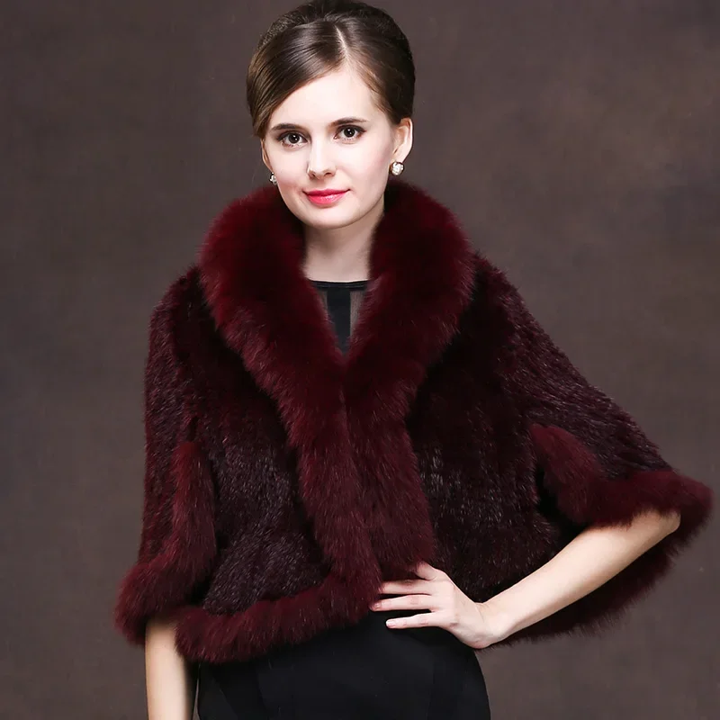 Autumn Winter Genuine Knitted Mink Fur Shawls Fox Fur Collar Women Fur Pashmina Wraps Bridal Cape Coat Jacket