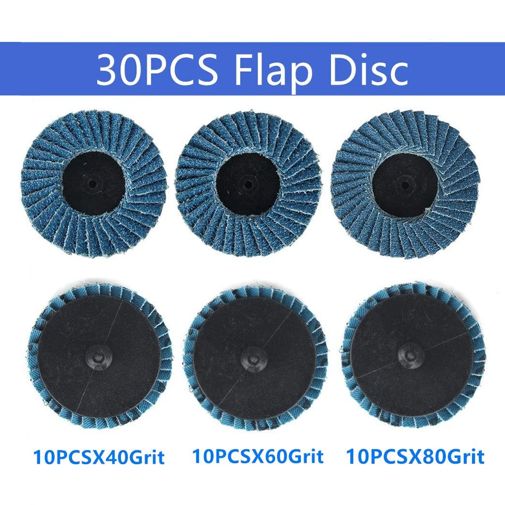 31pcs 2Inch Zirconia Alumina Flat Flap Disc Roll Lock Grinding Sandpaper Wheels with 1/4 Inch Holder 40/60/80 Grit