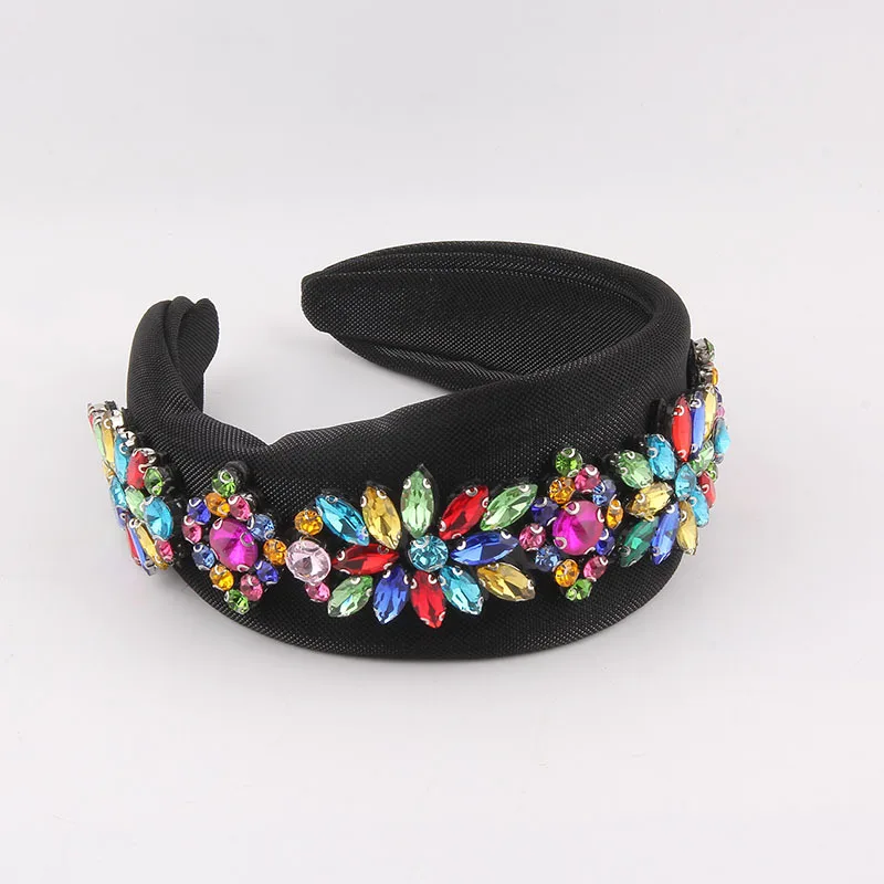 جديد بسيط واسع حافة حجر الراين زهرة عقال للنساء النمط الأوروبي والأمريكي الملونة النسيج الشعر التبعي #6