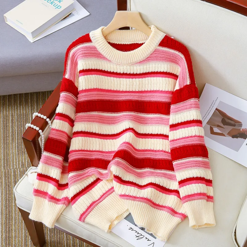 Maglione pullover con scollo allentato a righe Autunno New Fashion Top lavorato a maglia a maniche lunghe Versione coreana Giacca versatile per pendolarismo