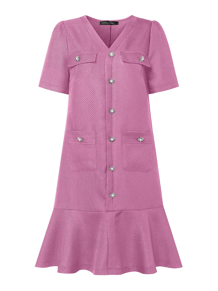 Elegancka sukienka na przyjęcie wizytowe 2025 ZANZEA Damska sukienka biurowa z dekoltem w serek Letnia sukienka do pracy dla kobiet OL Krótki rękaw Guziki Sukienka letnia