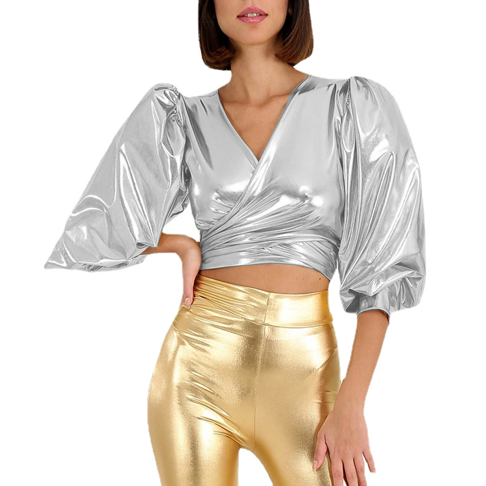 Women's Cross Wrap V-Neck Crop Top,Female Shiny Metallic Puff Half Sleeve T-shirt,Sexy Tops,Vinyl Rave Party Clubwear,Streetwear