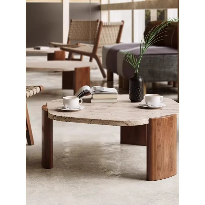 

Marble creative light luxury travertine coffee table small apartment living room household special-shaped solid wood small