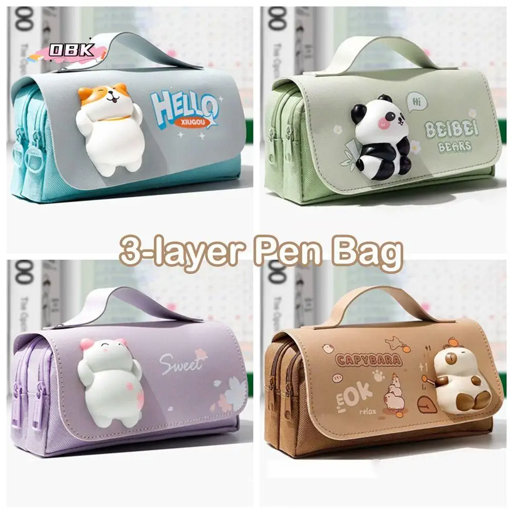 

3-layer Fun Press Pen Bag Large Capacity Capybara Panda Animal Pencil Bag Waterproof Korean Stationery Storage Bag School Office