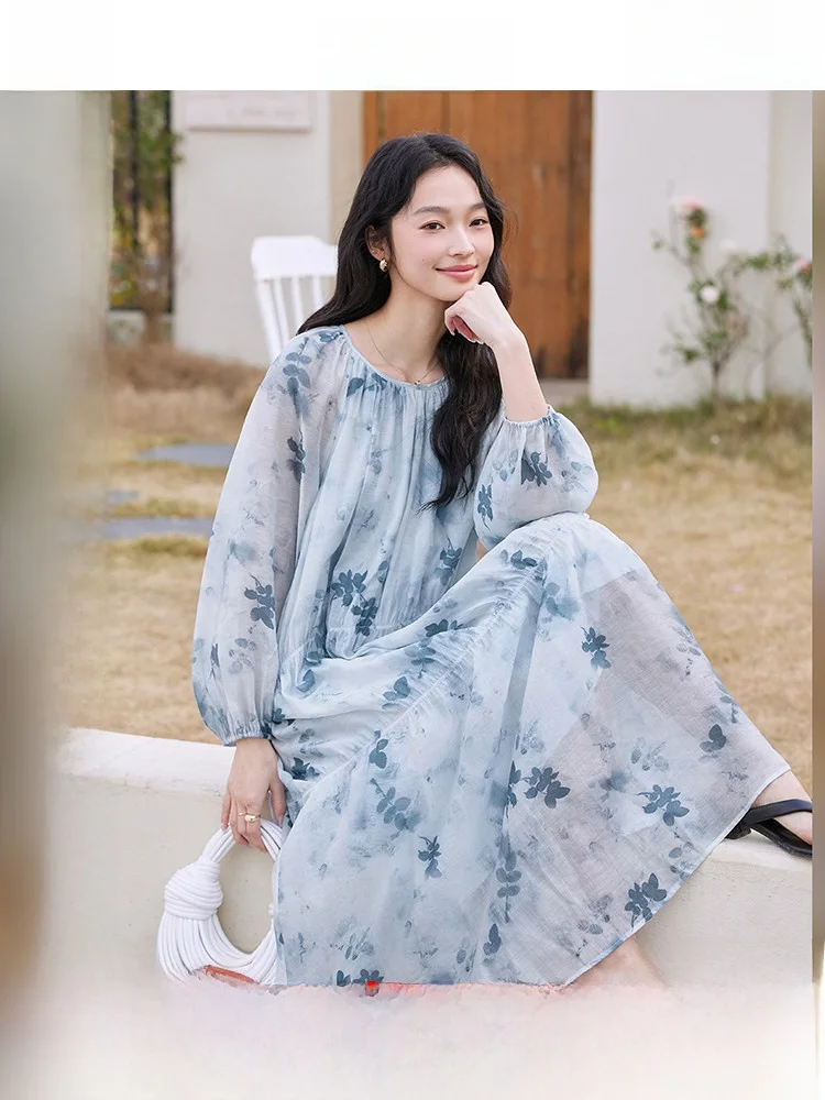 

Ele Floral Print Chiffon Dr Women's Spring Autumn New Sle A-Line Fairy Skirt French Sle Button Detail Midi Dr