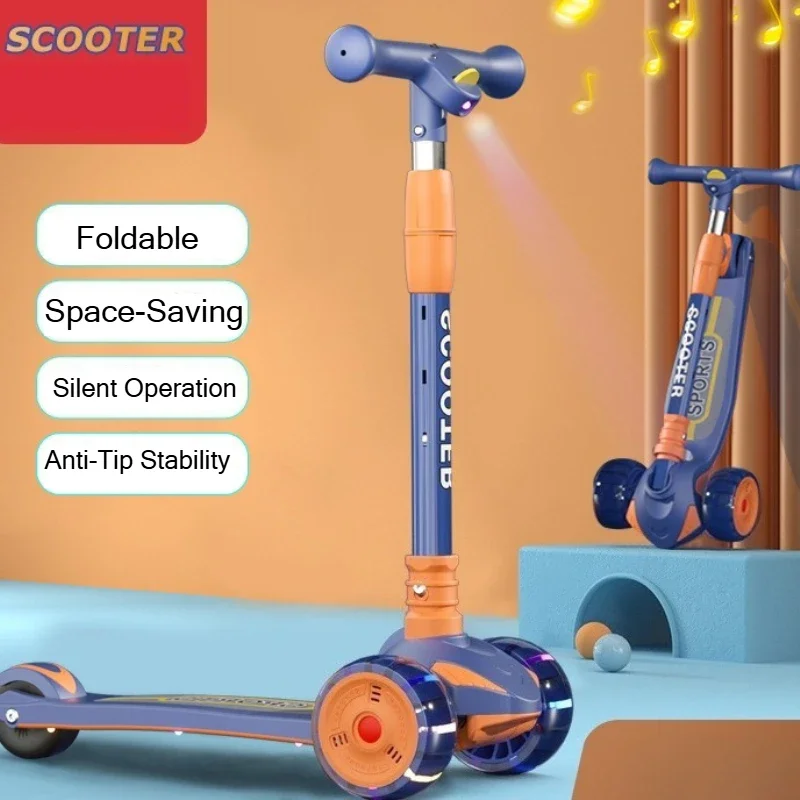 Children 3-Wheel Scooter with LED Cartoon Projector Light Foldable Balance Training Kick Scooter for Kids Outdoor Scooting Fun