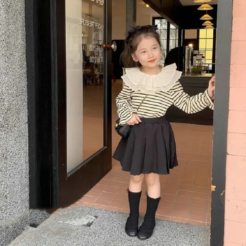 Girls' Outfit Striped Ruffle Collar Long Sleeve Base Shirt with Pleated Skirt25Spring and Autumn New Fashion Foreign Trade Child