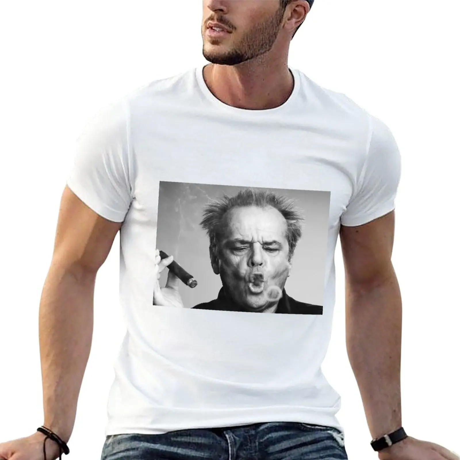 Vintage Jack Nicholson Cigar Print T-Shirt, Retro Aesthetic Black Short Sleeve, Men's Casual Fashion Tops