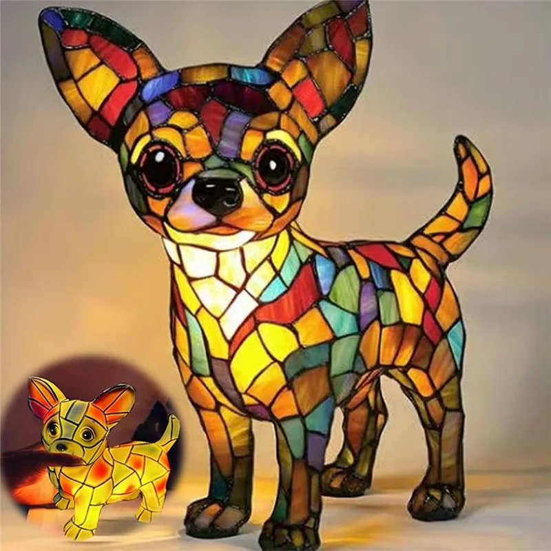 ABLJ ペット犬テーブルランプ-チワワランプ-レトロデザインステンド樹脂卓上ナイトライト、犬シリーズアートピース家の装飾用